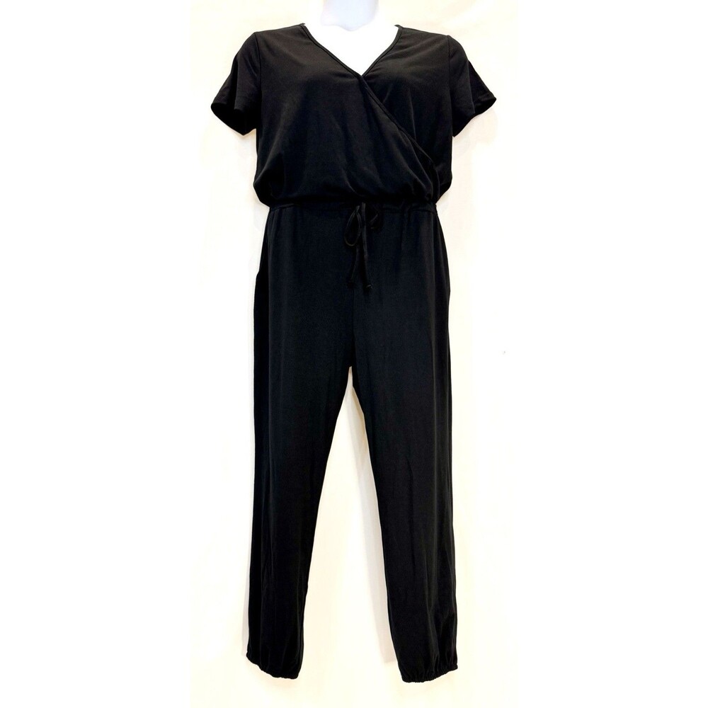 Womens Short Sleeve Black Jumpsuit One Piece V-Neck Elastic Waist Leisure Size L